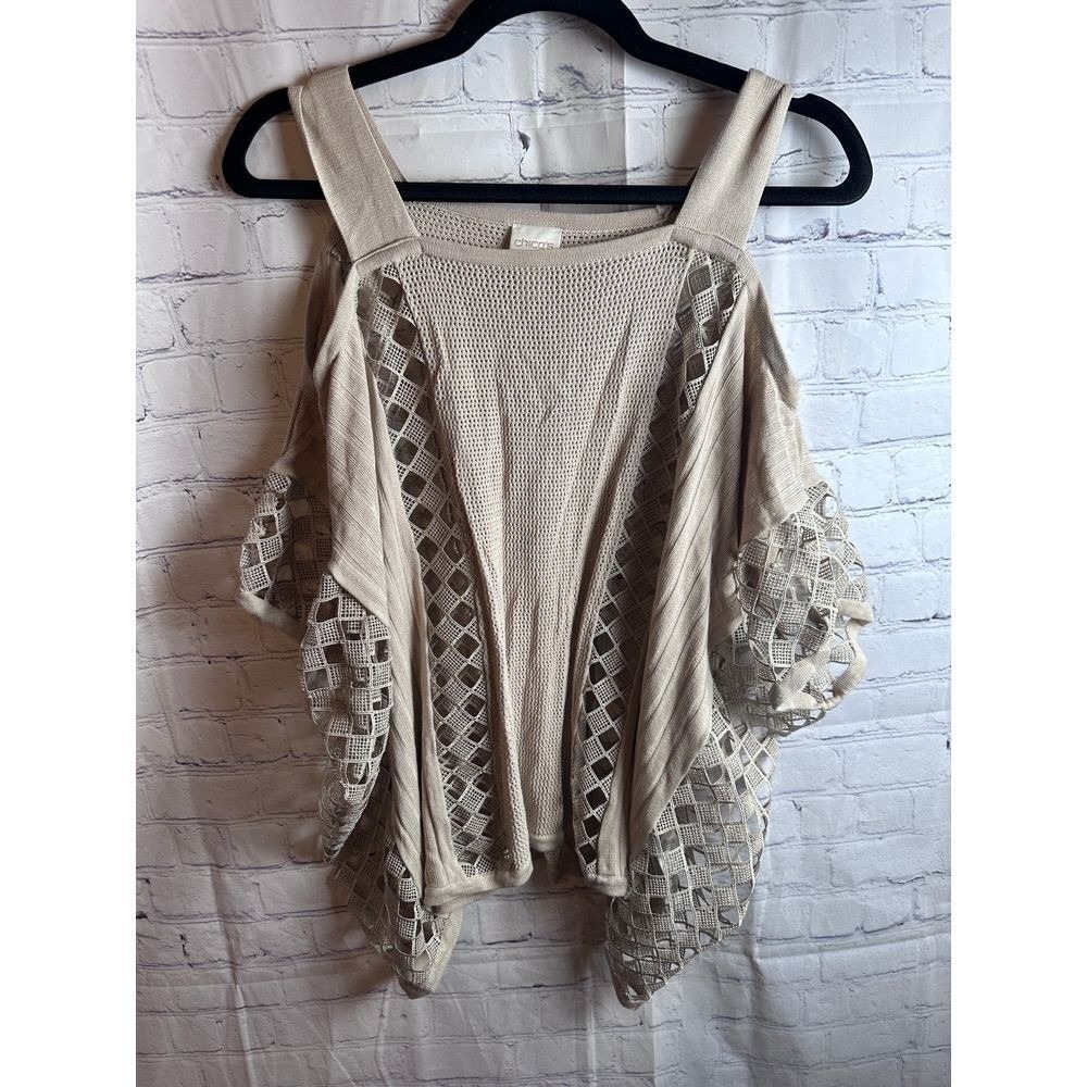 Chico's Crochet Trim Knit Top Sleeveless Tank Neutral Beige Size 2